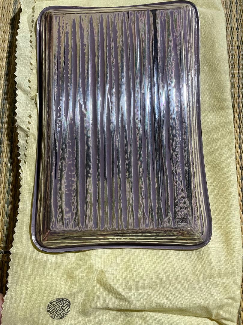 未使用保管品　金工師 田中秀明 南鐐 片木目　長方盆 銀製 共箱　150g