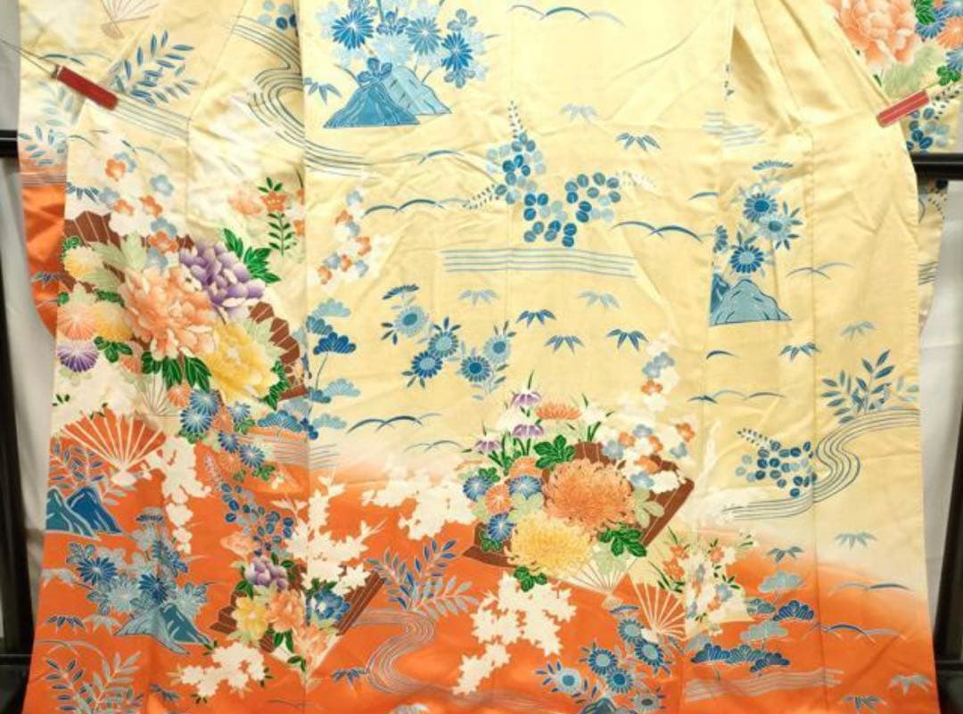 振袖 フルセット6点サイズM〜Ｌ 駒刺繍　扇面草花文　暈し染め　正絹