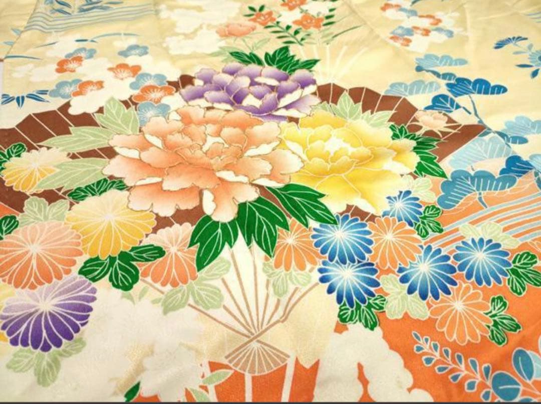 振袖 フルセット6点サイズM〜Ｌ 駒刺繍　扇面草花文　暈し染め　正絹