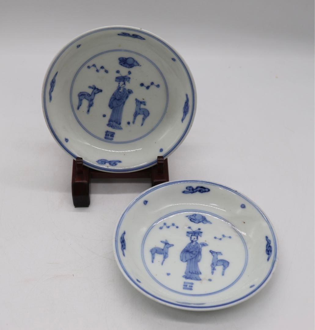 染付　仙人鹿紋皿　ペア　大明成化年製銘　送料込み0622