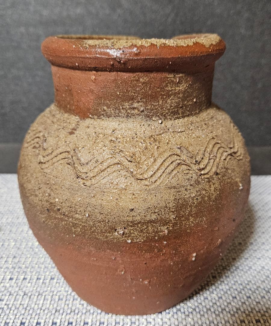 【時代古作品❗】明治時代頃　古備前　波状文様　片口壺　花入れ　花生け　茶道具