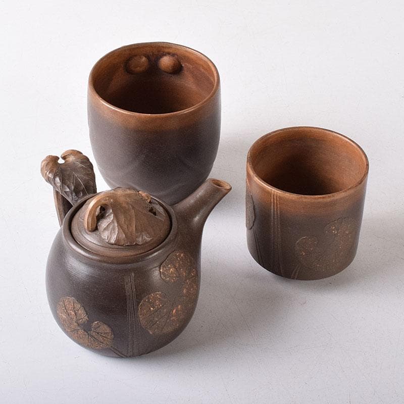 煎茶道具　秋田焼　奥田道遊造　からくり　蛙急須　だるま湯呑　3点　M　7679