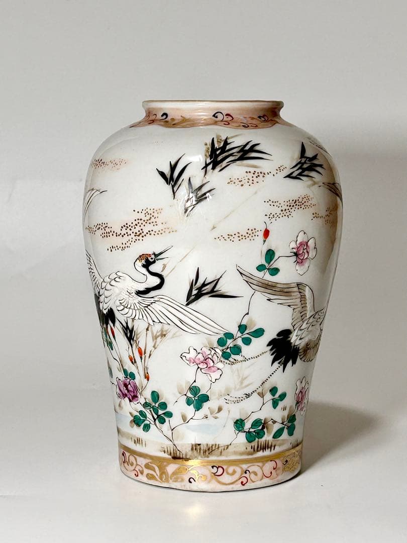 明治瀬戸の名工 加藤繁十 桃花園画 上絵飛鶴文花瓶 其の壱 名古屋絵付 瀬戸