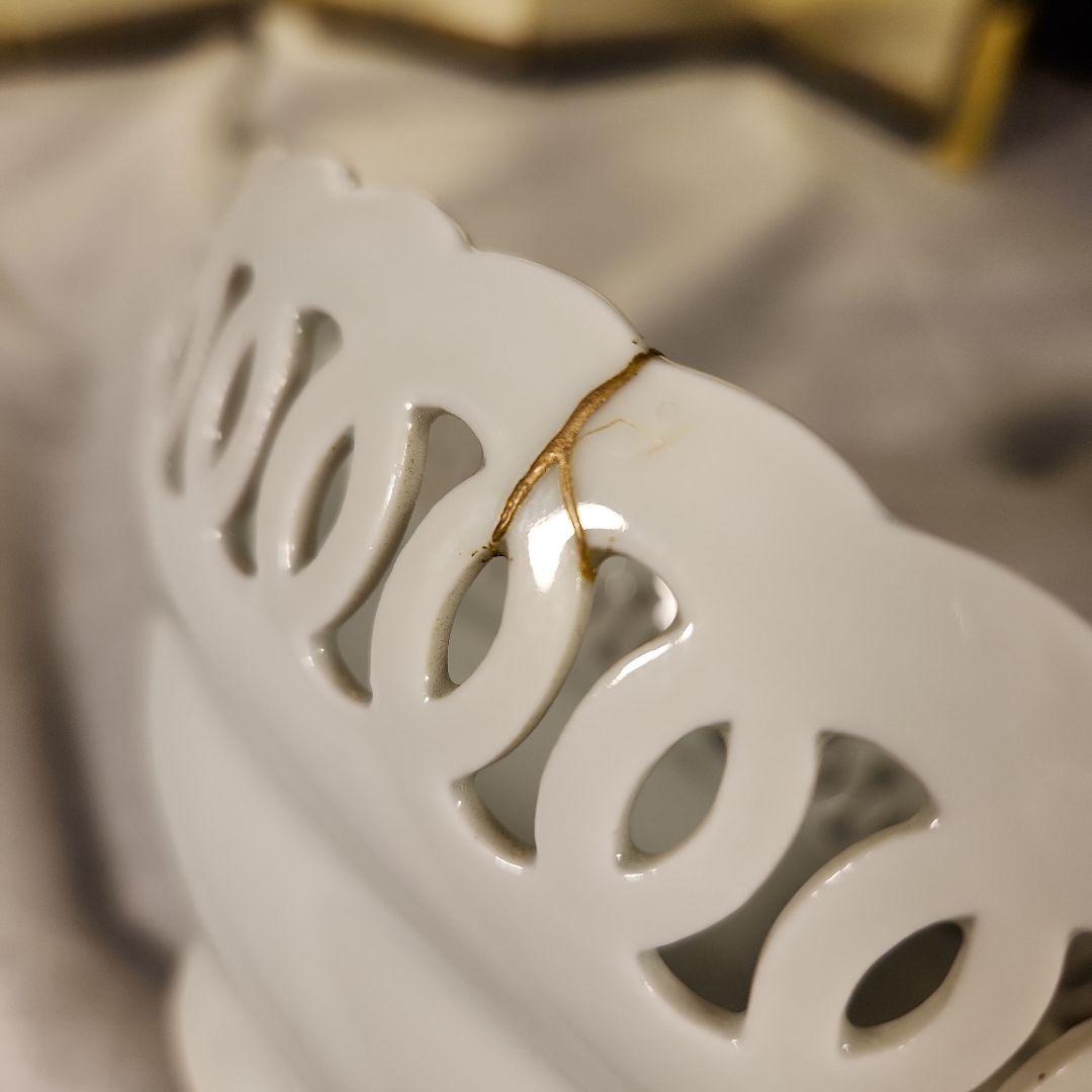 柿右衛門　濁し手　透縁鉢　角福印　金直し有　骨董