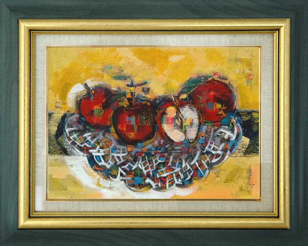 油絵 菅家令子 絵画インテリア 額付(青緑＋金色の枠)uF6-060110 果物