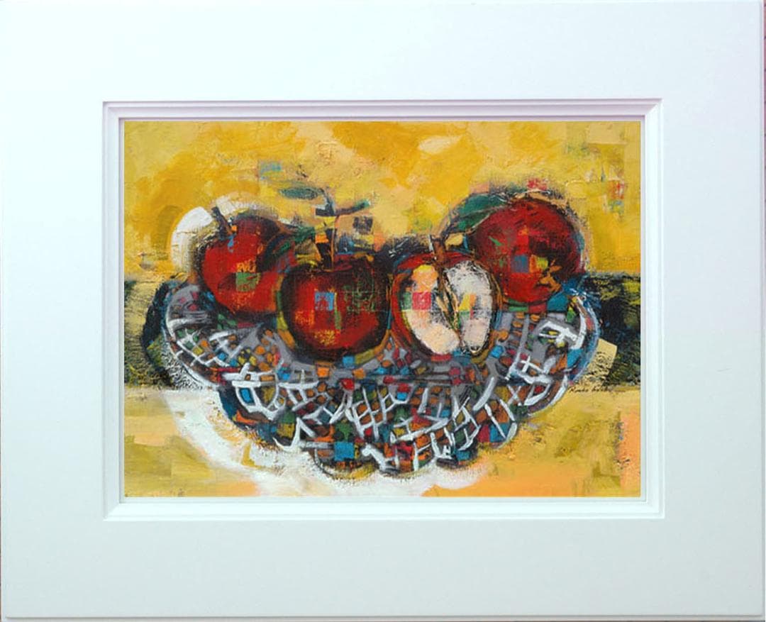 油絵 菅家令子 絵画インテリア 額付(青緑＋金色の枠)uF6-060110 果物