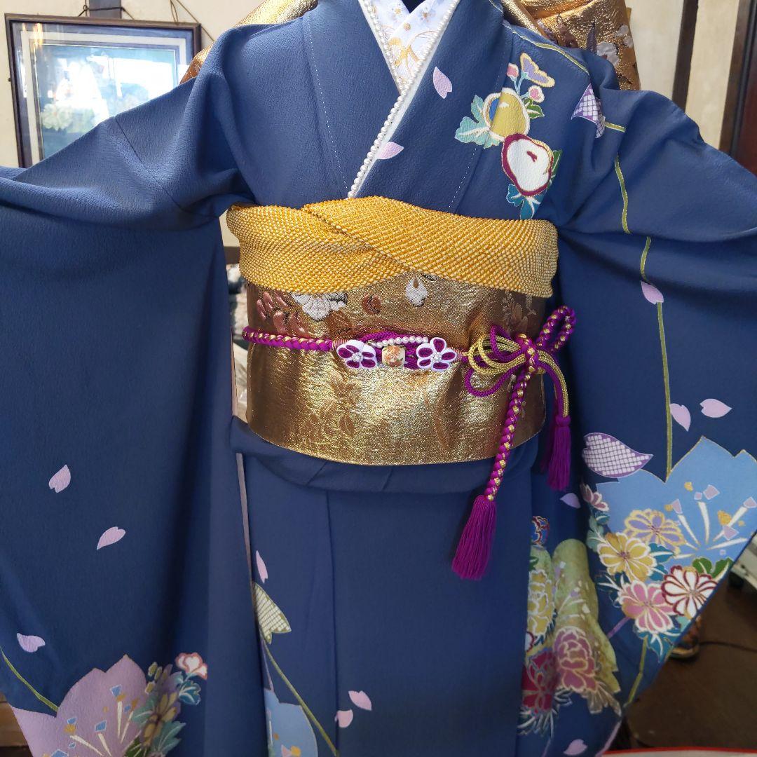 331【最終価格】【落款】【ブルーグレー】【正絹振袖6点フルセット】成人式卒業式