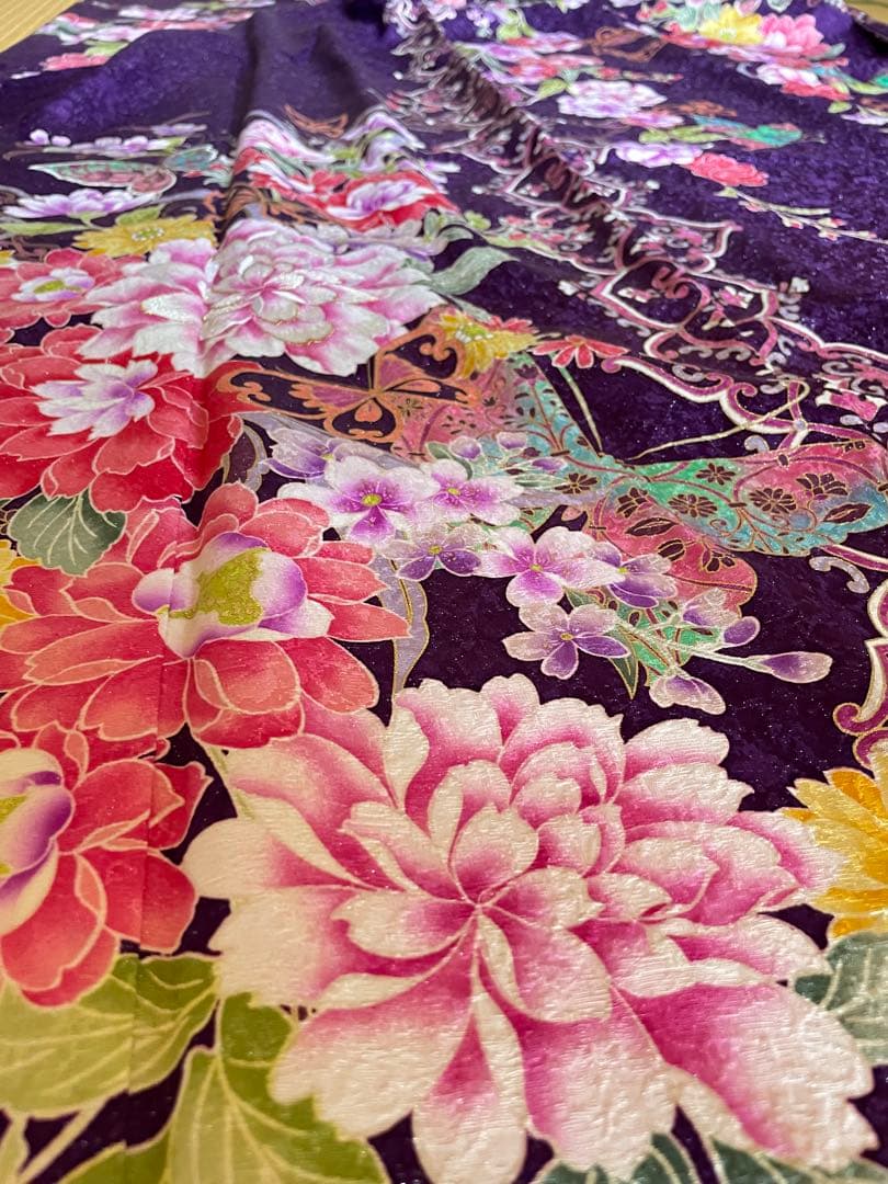 【美品】正絹振袖　ガード加工済　銀通し　振袖　成人式　結婚式　パープル　着物