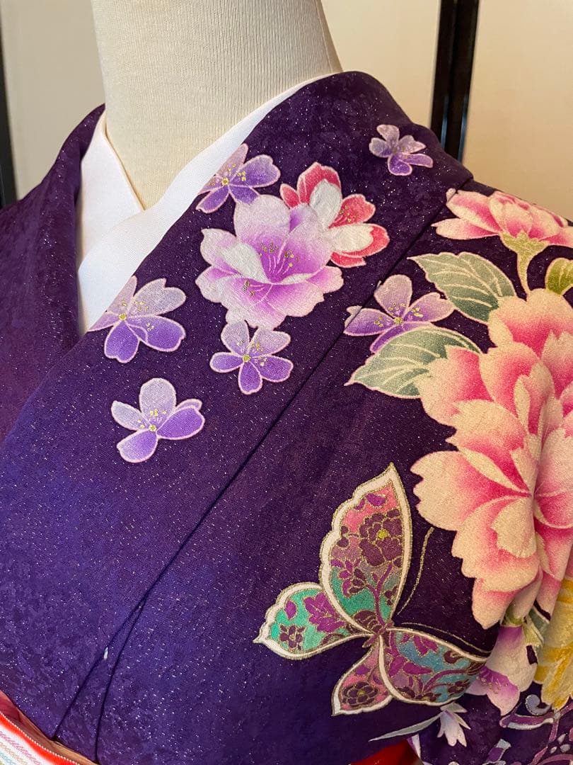 【美品】正絹振袖　ガード加工済　銀通し　振袖　成人式　結婚式　パープル　着物