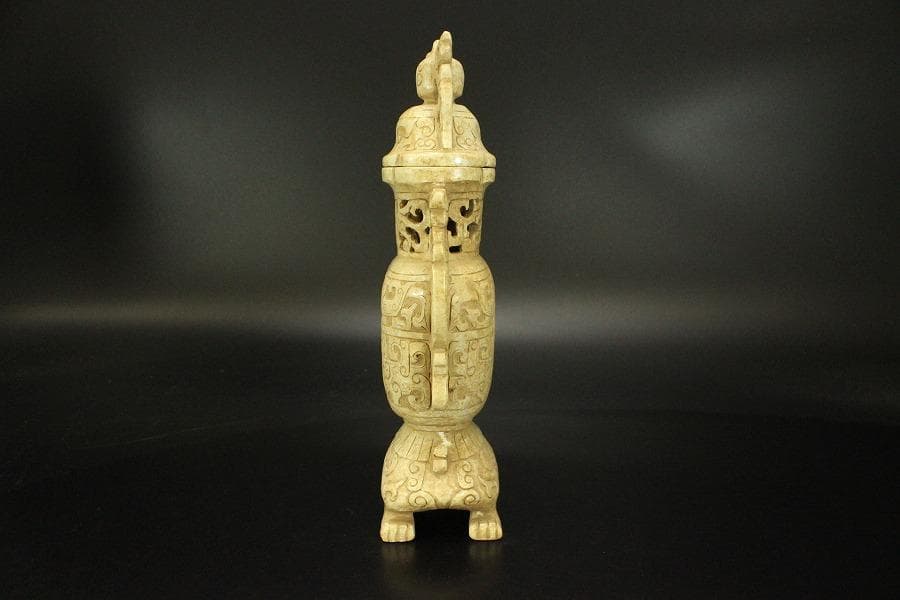 中国美術 砡石 刻 饕餮紋 香炉 置物(ZE575)