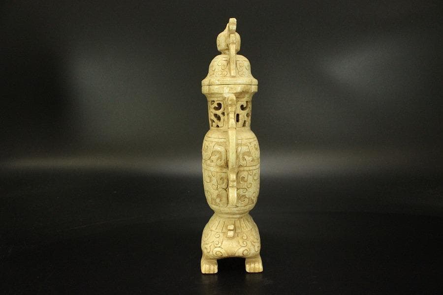 中国美術 砡石 刻 饕餮紋 香炉 置物(ZE575)