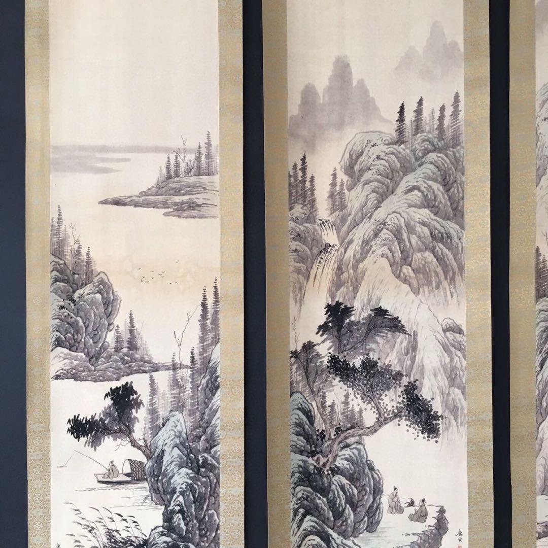 【唐伯虎・四条屏】「樵人晩帰図」掛軸セット　表装済み／163×38cm
