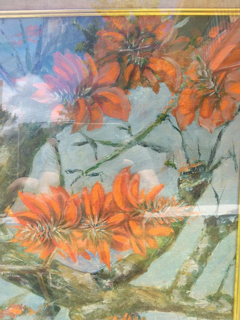 デイゴの花 油絵額縁付き