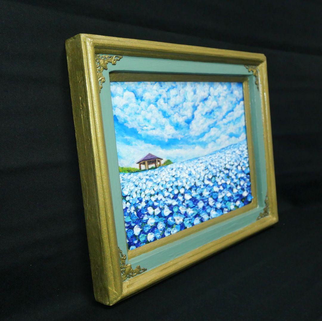 油絵 油彩 油彩画 絵 絵画【青空と雲のネモフィラ】