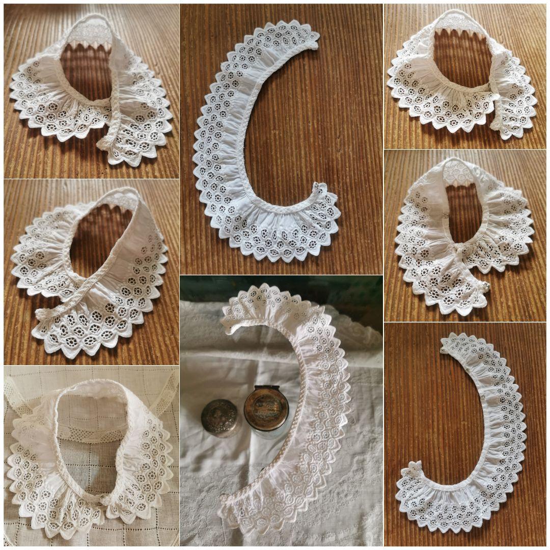 アンティークフランス 透かしと盛上げ手刺繍のガロンレース スカラップトリム付け襟