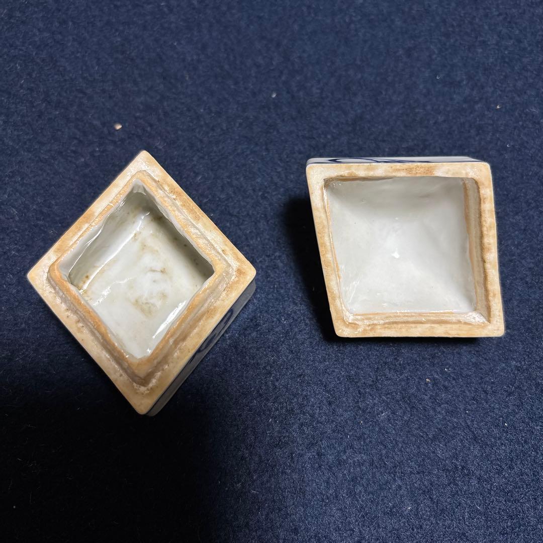 茶道具　染付香合　塗師淡齋　菱形茄子絵