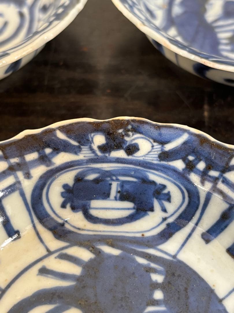 染付芙蓉手獣面図 小皿 モンスターマスク 縁起物 古伊万里 三田焼 5客揃