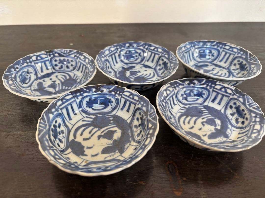 染付芙蓉手獣面図 小皿 モンスターマスク 縁起物 古伊万里 三田焼 5客揃