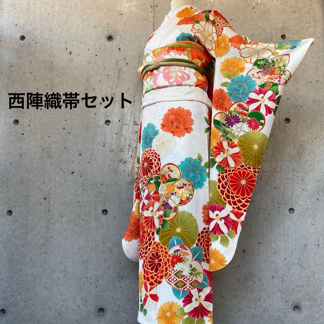 【着物+帯】正絹　振袖　白系　金駒　ガード　袷