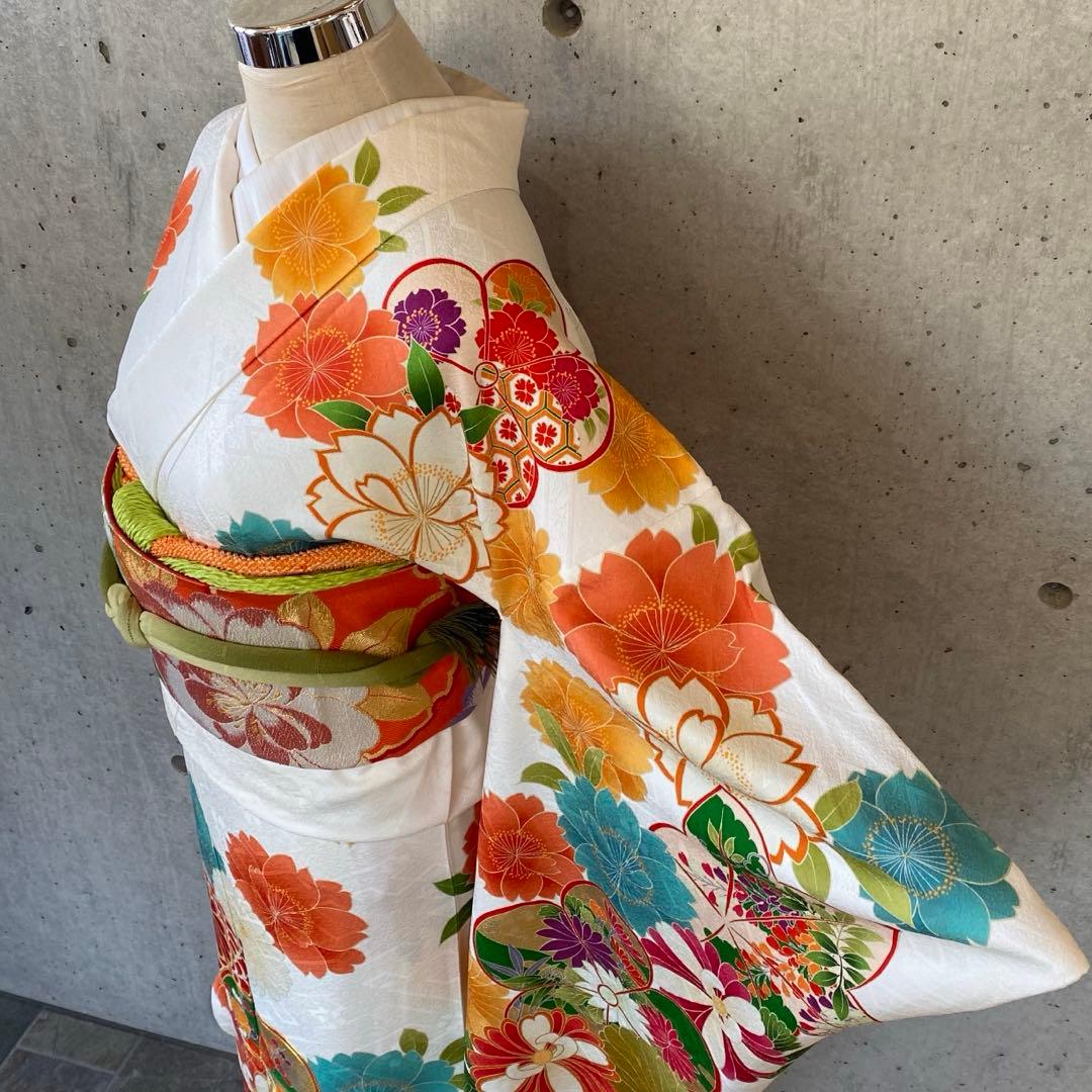 【着物+帯】正絹　振袖　白系　金駒　ガード　袷