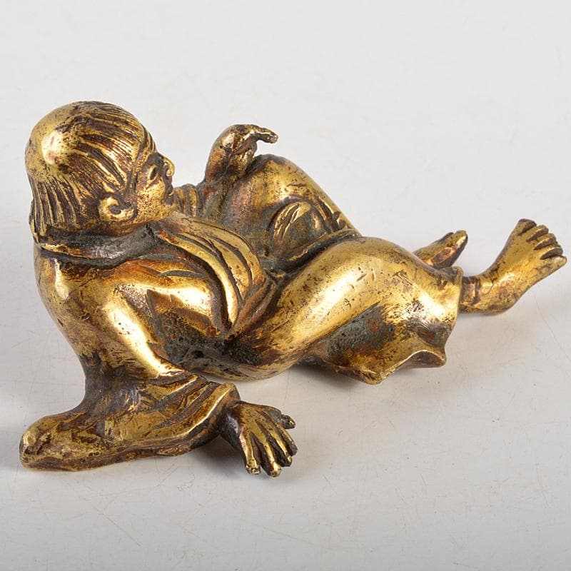 中国　古銅鍍金　人物像　達磨像　紙鎮　置物　M　R7465