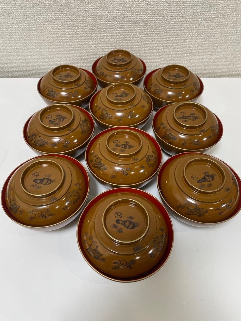 漆器 時代 黄漆 内朱塗 漆器 吸物 懐石椀 煮物椀 10 客 松 貝柄