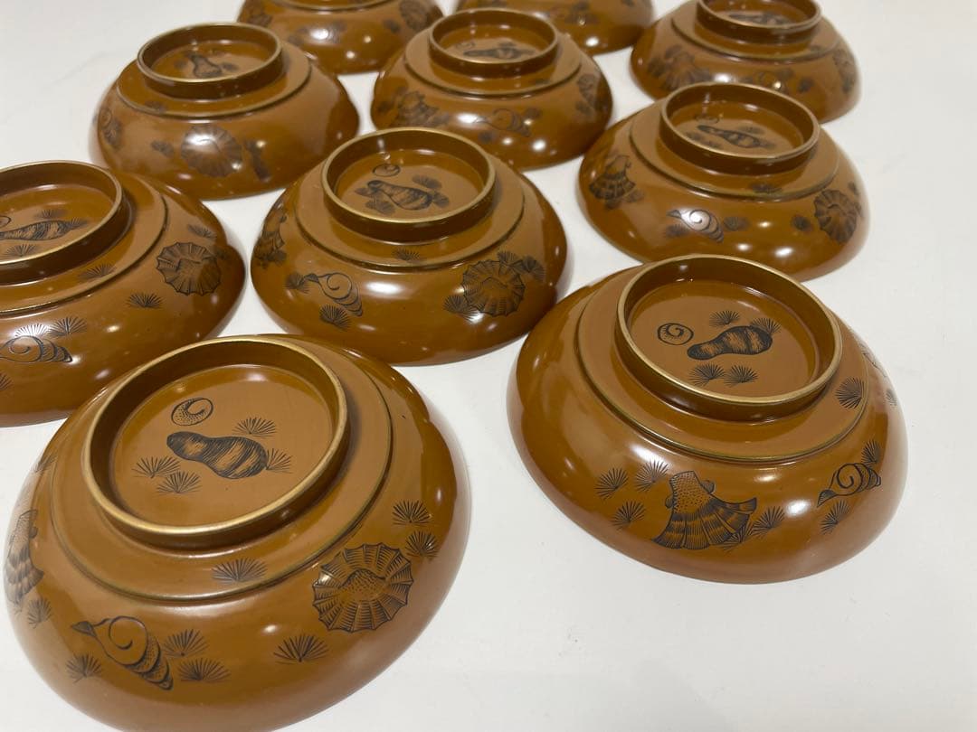漆器 時代 黄漆 内朱塗 漆器 吸物 懐石椀 煮物椀 10 客 松 貝柄