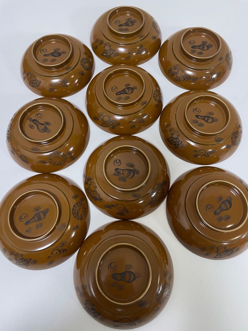 漆器 時代 黄漆 内朱塗 漆器 吸物 懐石椀 煮物椀 10 客 松 貝柄