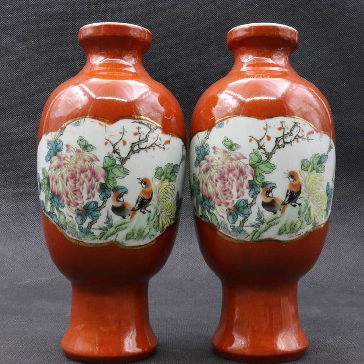 紅釉蒔絵花鳥観音瓶一対 景徳鎮 陶磁器 装飾品 現代工芸品美術品 置物