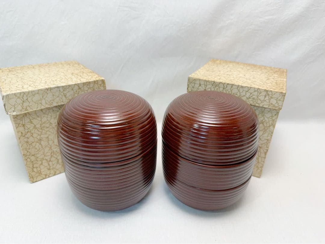 ほぼ未使用 茶道具 木製溜塗 信玄三段弁当 2客揃 千筋 内朱 紙箱