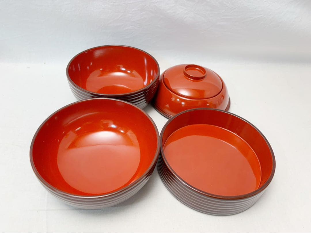 ほぼ未使用 茶道具 木製溜塗 信玄三段弁当 2客揃 千筋 内朱 紙箱