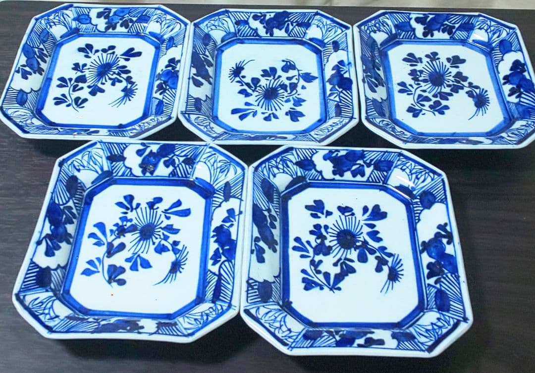 古伊万里 青い花柄 八角陶磁器　中皿5枚セット