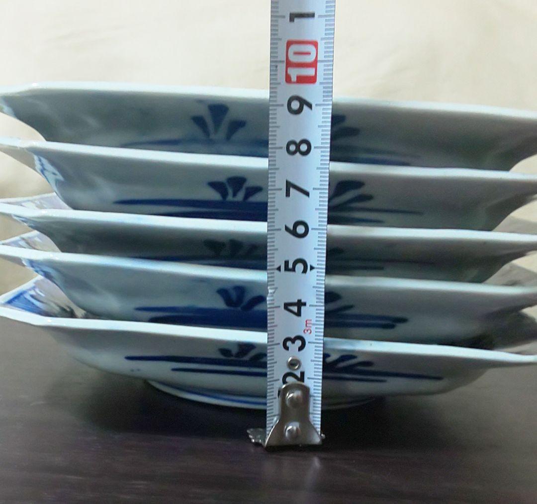 古伊万里 青い花柄 八角陶磁器　中皿5枚セット