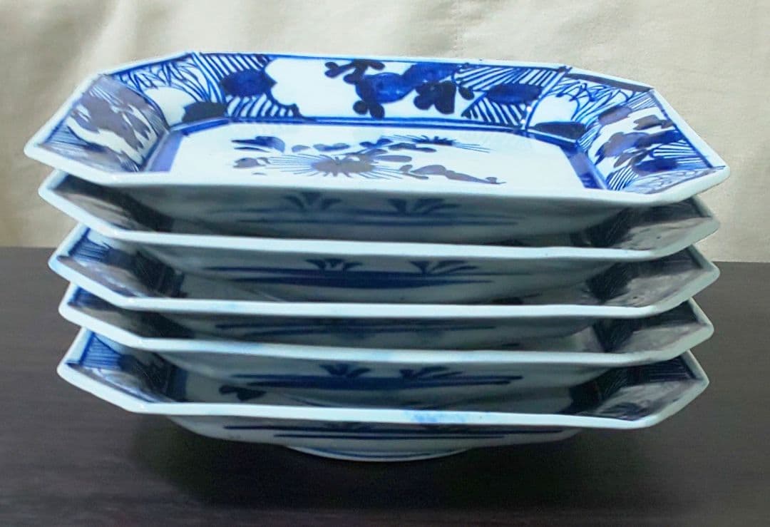 古伊万里 青い花柄 八角陶磁器　中皿5枚セット