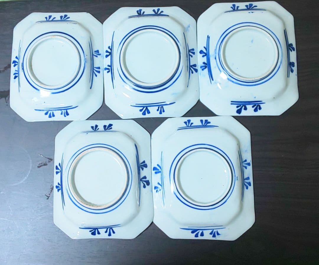 古伊万里 青い花柄 八角陶磁器　中皿5枚セット