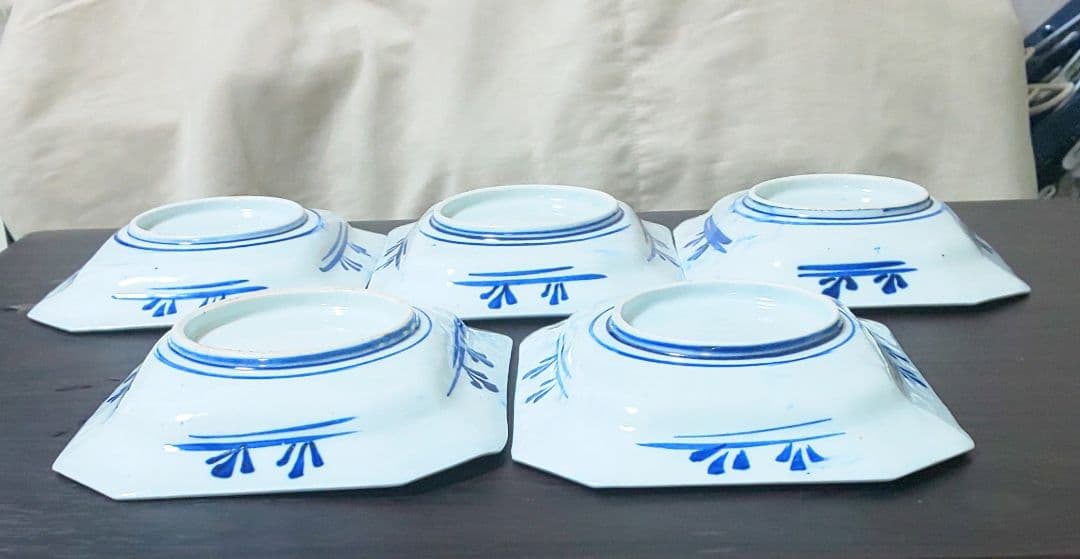 古伊万里 青い花柄 八角陶磁器　中皿5枚セット