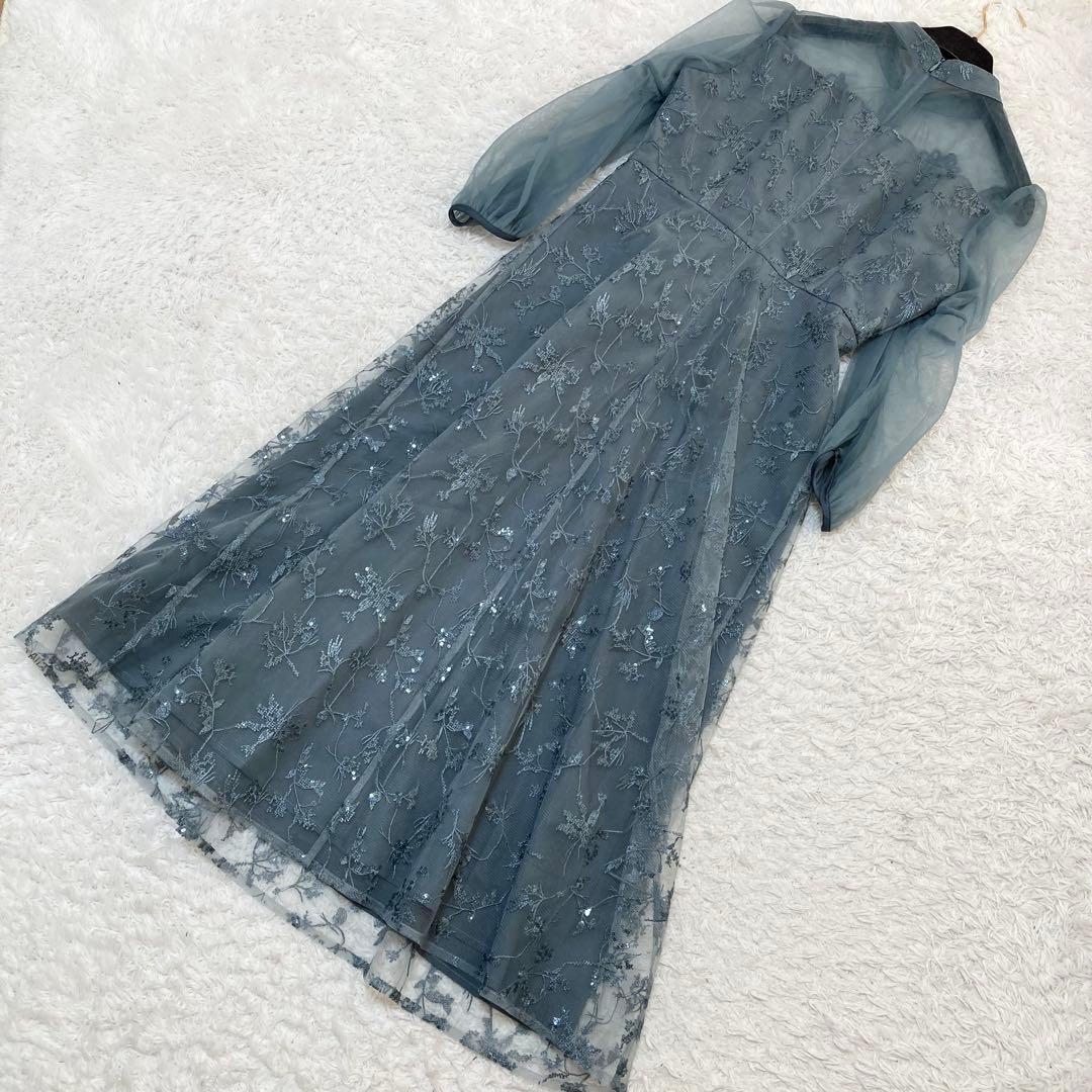 レジャ 花柄レーススパンコールハートカットドレス ロングワンピース M ブルー