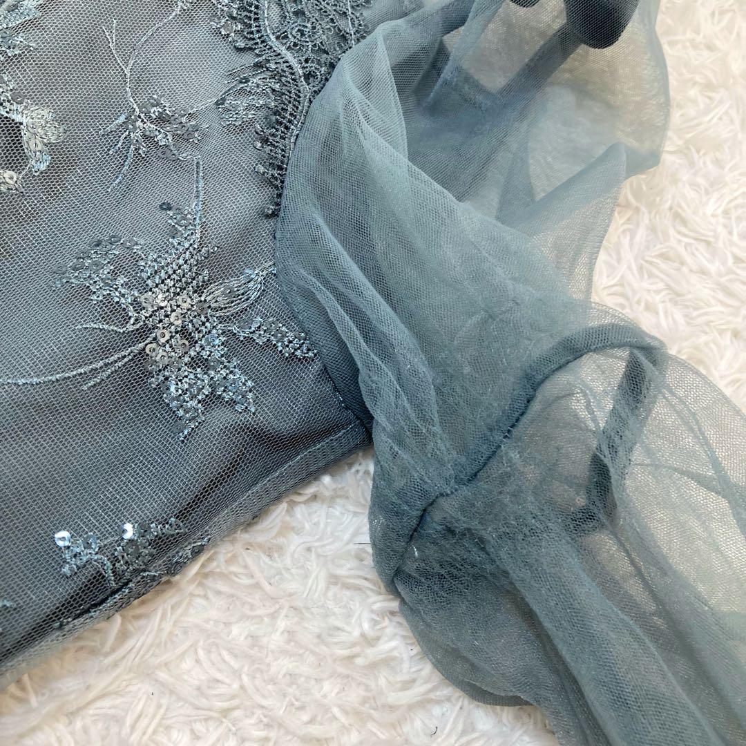 レジャ 花柄レーススパンコールハートカットドレス ロングワンピース M ブルー