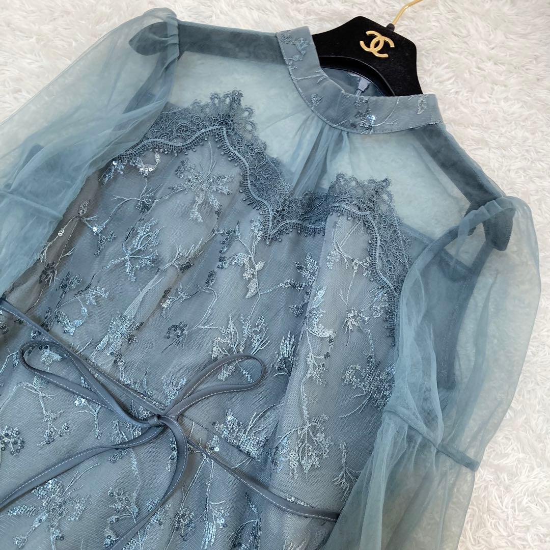 レジャ 花柄レーススパンコールハートカットドレス ロングワンピース M ブルー