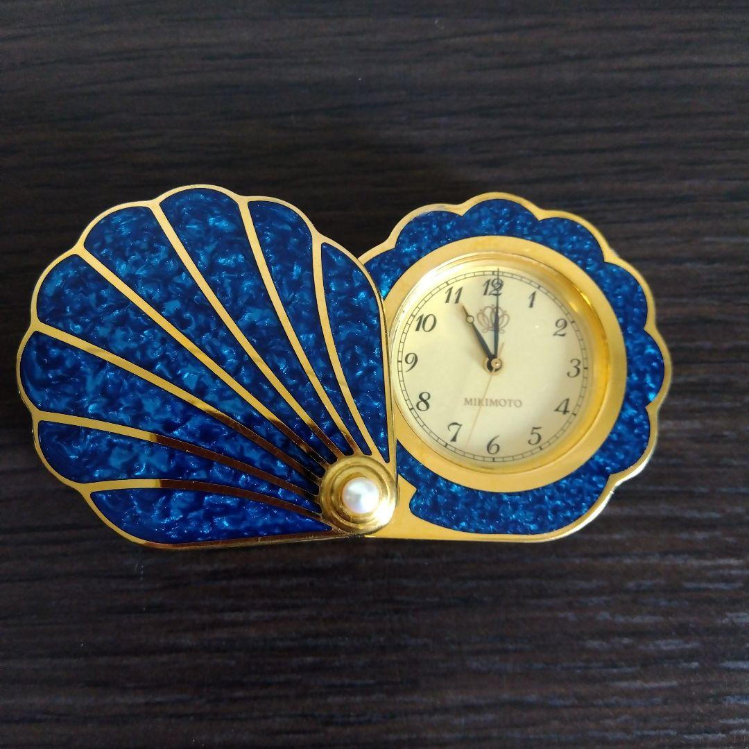 ミキモト　シェル型 時計 クリスタルラッカー 青 トラベルクロック パール