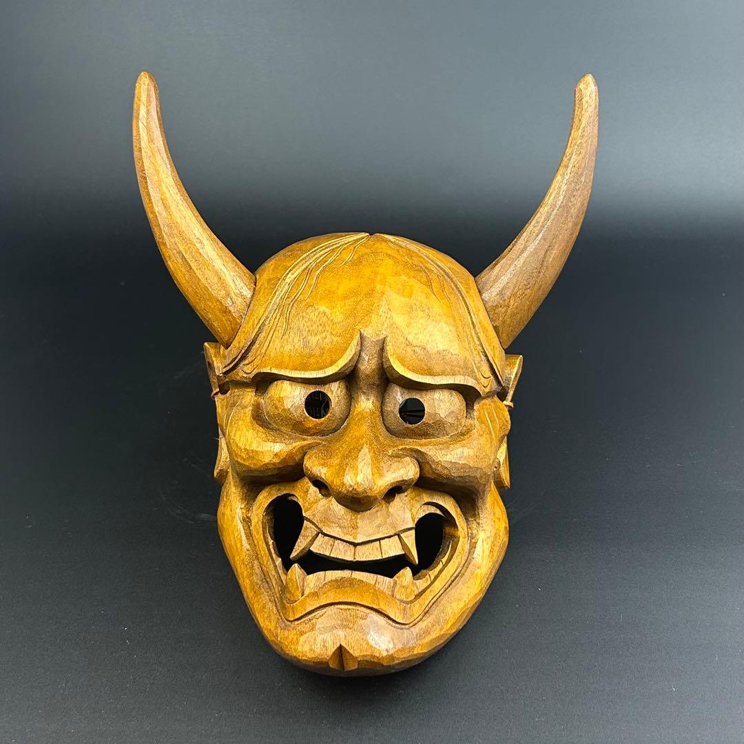 木製 鬼の面 角付き 能面　般若の面