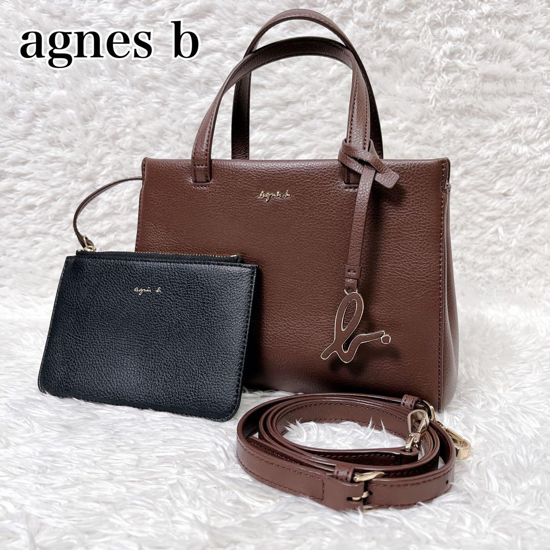 アニエスベー 2way レザーショルダーバッグ　ブラウン　チャーム ポーチ付