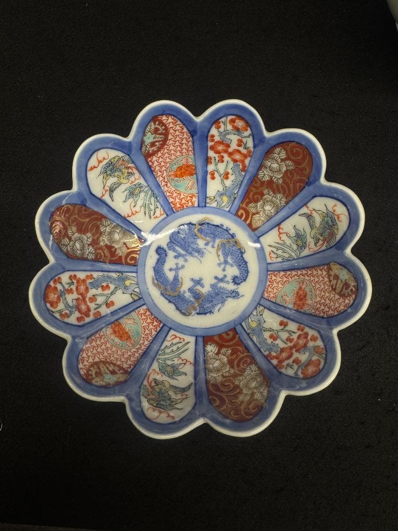 値下げ！希有 明治の有田焼　年木庵江上製　色絵12弁の菊形輪花向付　骨董