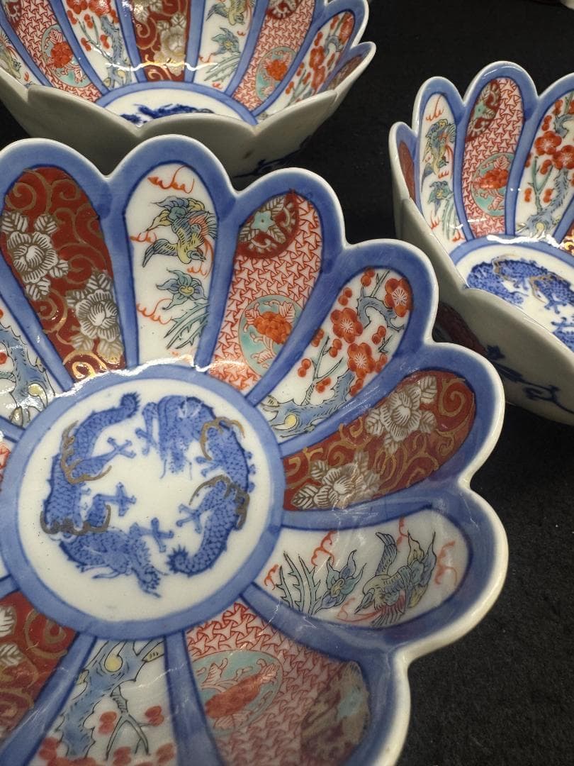 値下げ！希有 明治の有田焼　年木庵江上製　色絵12弁の菊形輪花向付　骨董