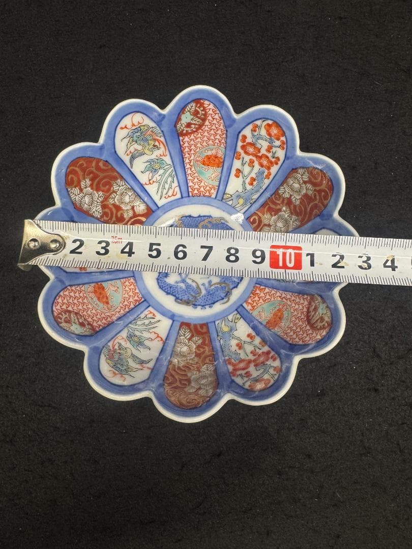 値下げ！希有 明治の有田焼　年木庵江上製　色絵12弁の菊形輪花向付　骨董