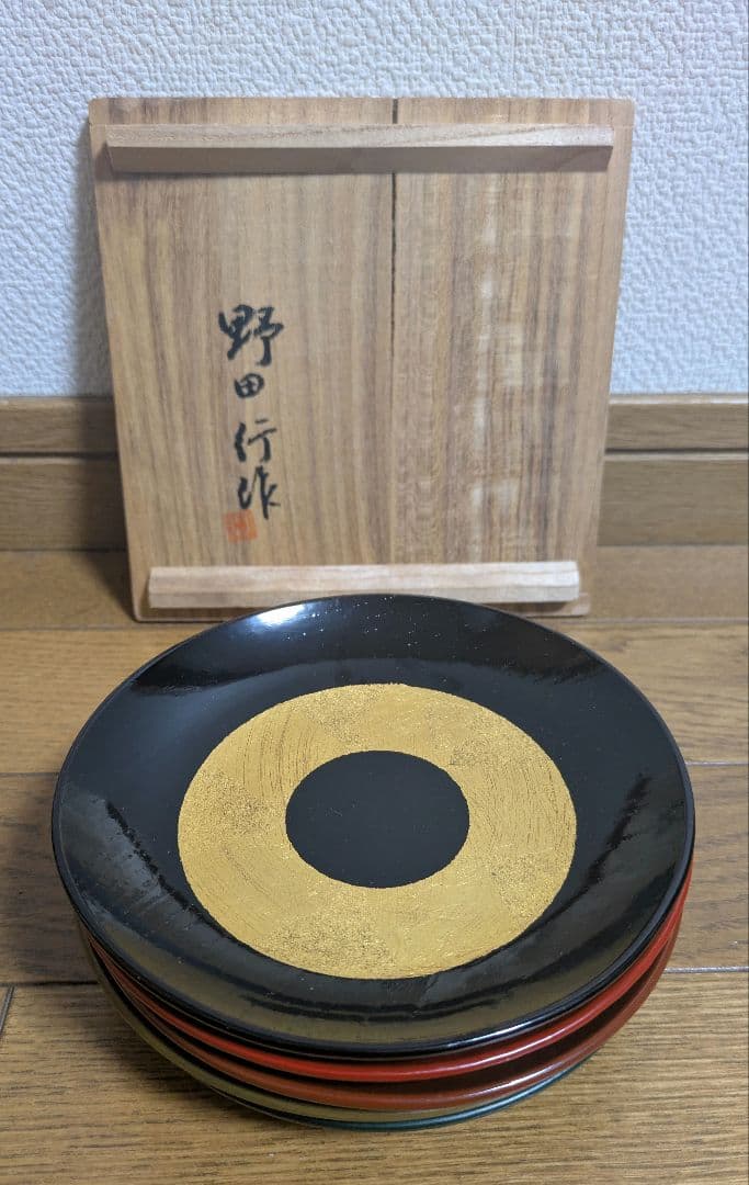 【未使用】野田行作 漆器 金箔文黒蛇の目銘々皿　5セット