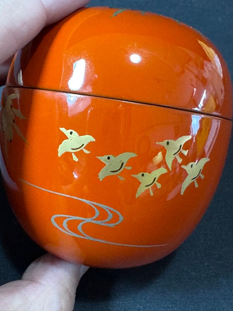 G79 送料無料　棗　井伊大老好　枇杷に鳥蒔絵　朱丸棗　茶道具　千穂造　茶道