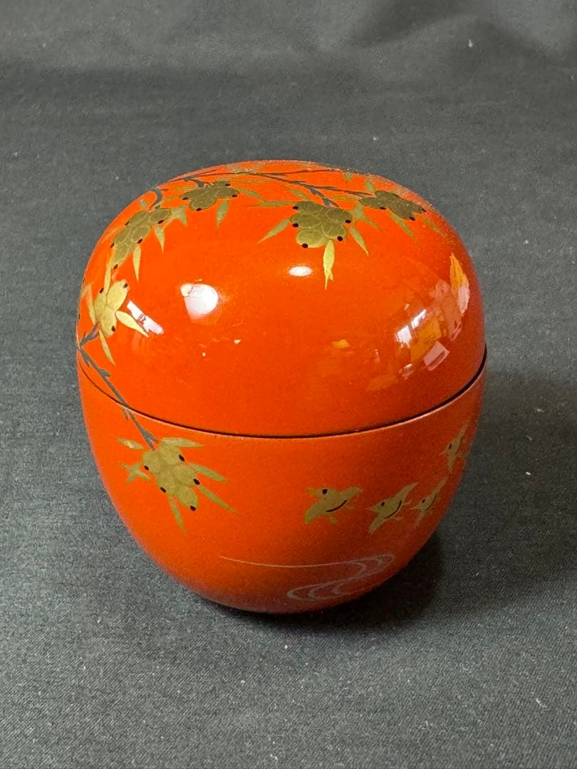 G79 送料無料　棗　井伊大老好　枇杷に鳥蒔絵　朱丸棗　茶道具　千穂造　茶道