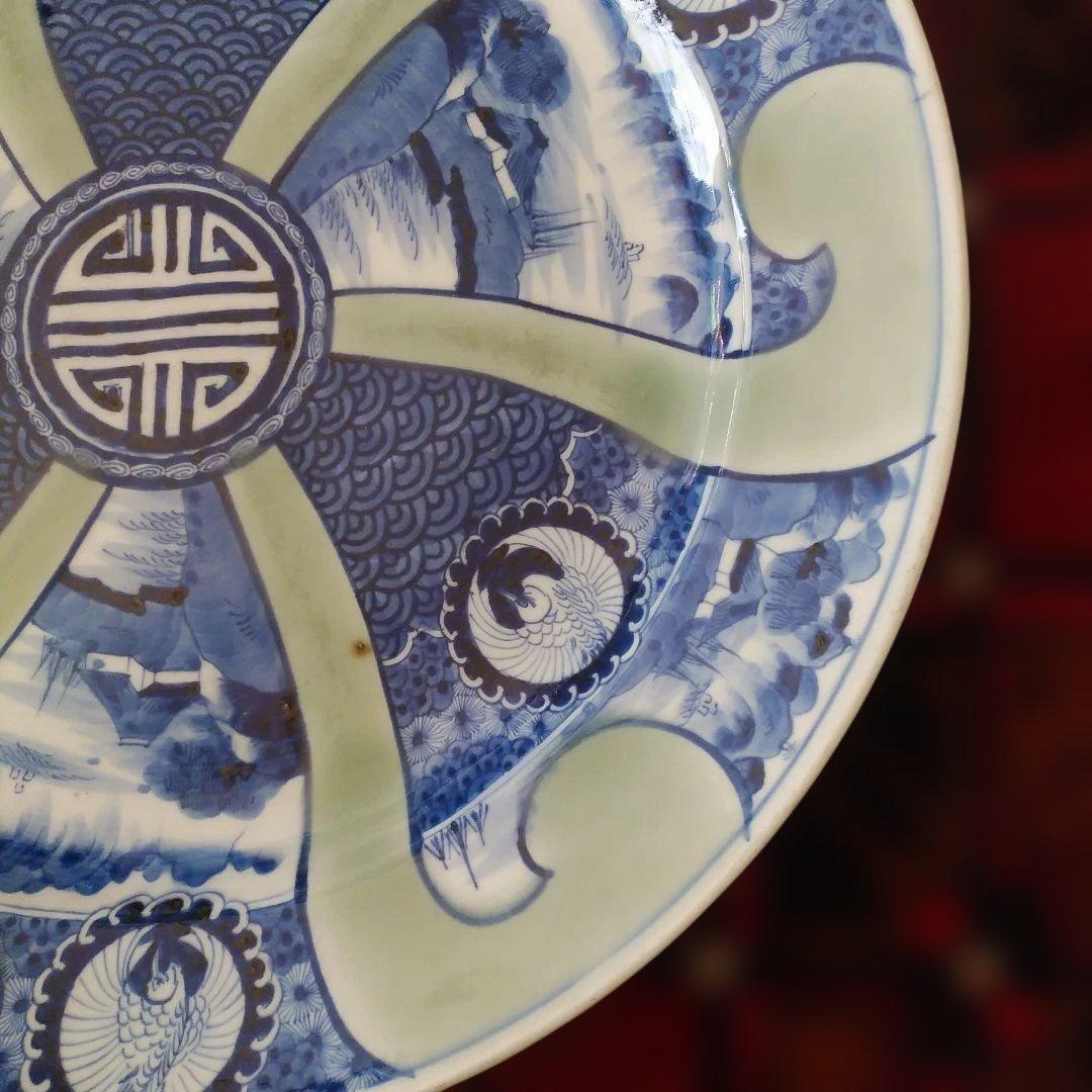 希少　珍品　 古伊万里 有田官窯　青磁染付大皿　特大皿　口径約44cm　有田焼