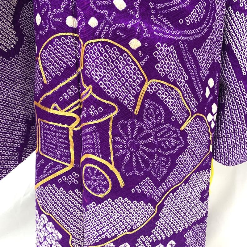 506ag40□七五三 七歳 女児 着物&袋帯 総絞り 金駒刺繍 紫□良好